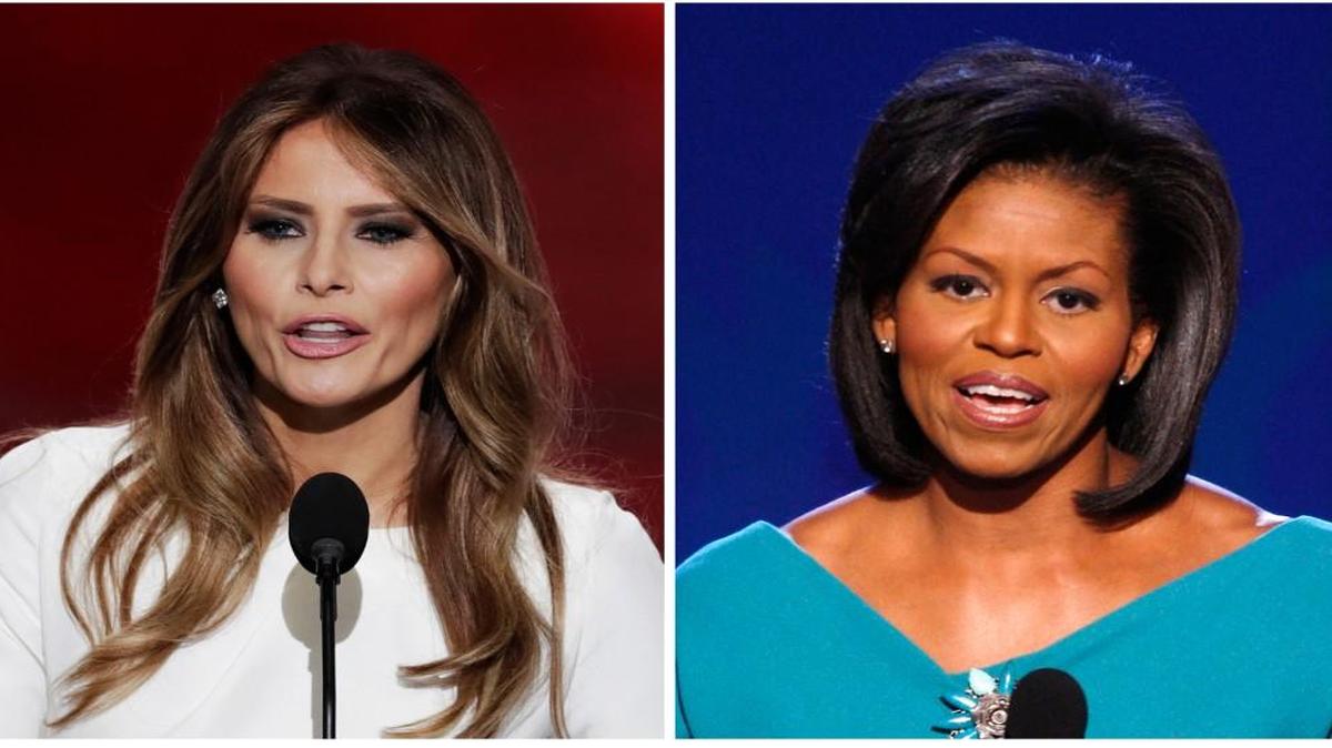 In this combination of photos, Melania Trump, left, wife of Republican Presidential Candidate Donald Trump, speaks during the opening day of the Republican National Convention in Cleveland, Monday, July 18, 2016, and Michelle Obama, wife of Democratic presidential candidate, Sen. Barack Obama speaks at the Democratic National Convention in Denver in 2008.