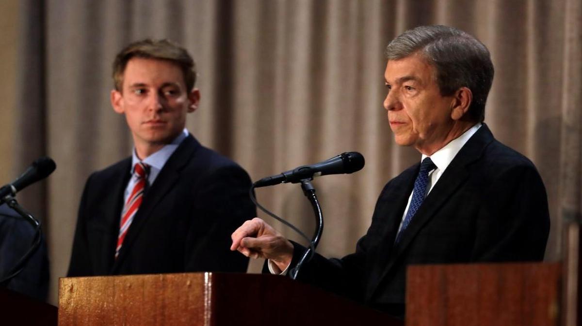 Republican incumbent Sen. Roy Blunt, right, and Democratic challenger Jason Kander in a debate last month. The Missouri Democratic Party is accusing Blunt of breaking federal election rules by coordinating with an anti-abortion super PAC.