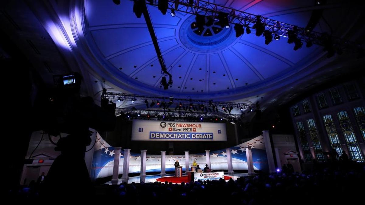 Democratic presidential candidates Sen. Bernie Sanders and Hillary Clinton at their Thursday night debate in Milwaukee.