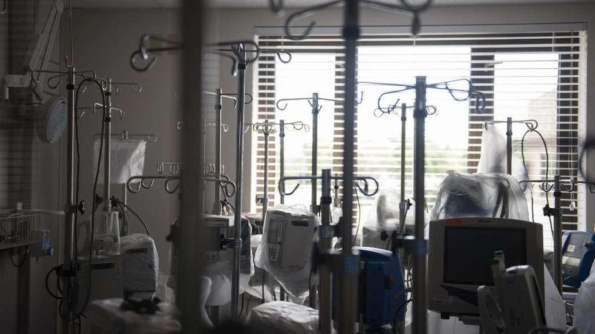 IV machines and poles gathered in a patient room in the intensive care unit, now closed to patients and used as a storage space, at Mercy Hospital Independence in Independence, Kansas, Oct. 1, 2015.