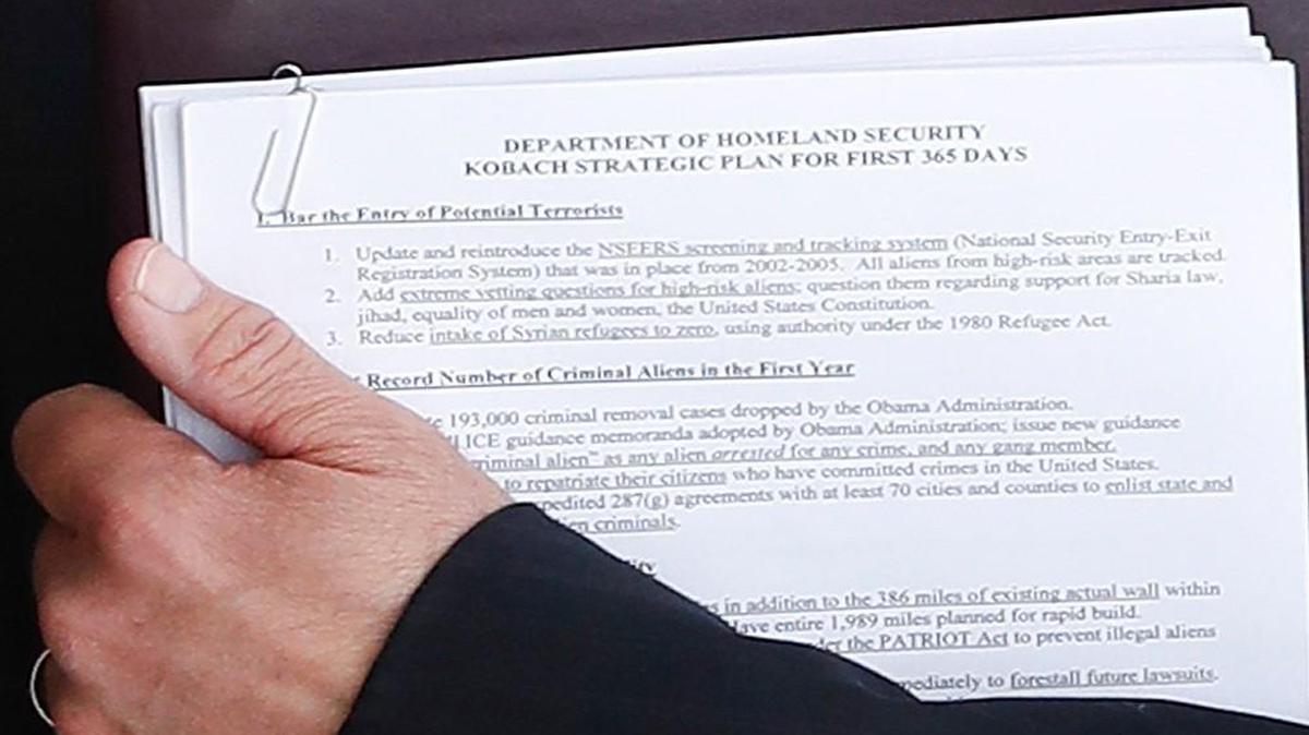 Kansas Secretary of State Kris Kobach carried these papers into his meeting Sunday with President-elect Donald Trump in Bedminster, N.J.