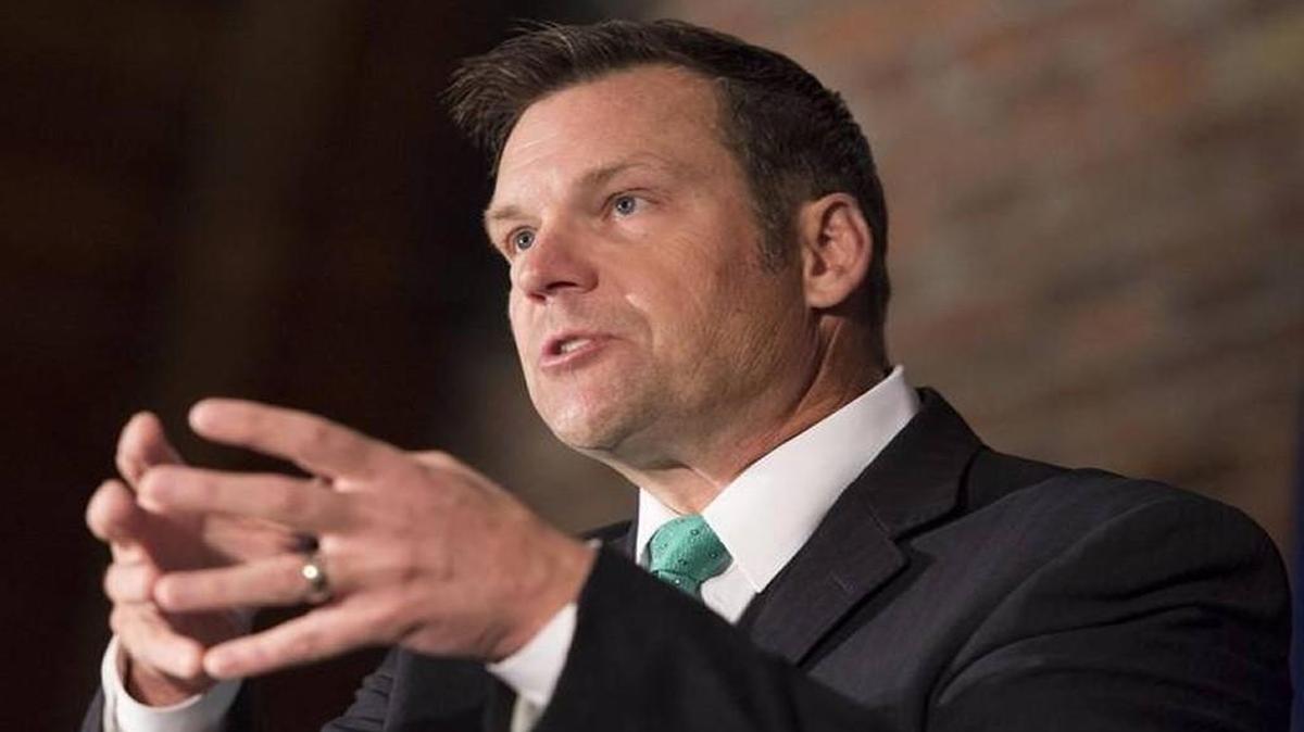 Kris Kobach speaks on Thursday, June 8, 2017, in Lenexa, Kansas. File photo.