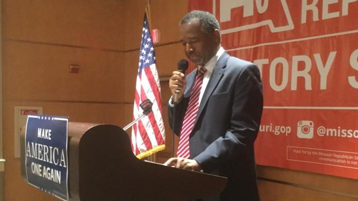 Former candidate Ben Carson addresses Missouri delegates on Wednesday at the Republican convention.