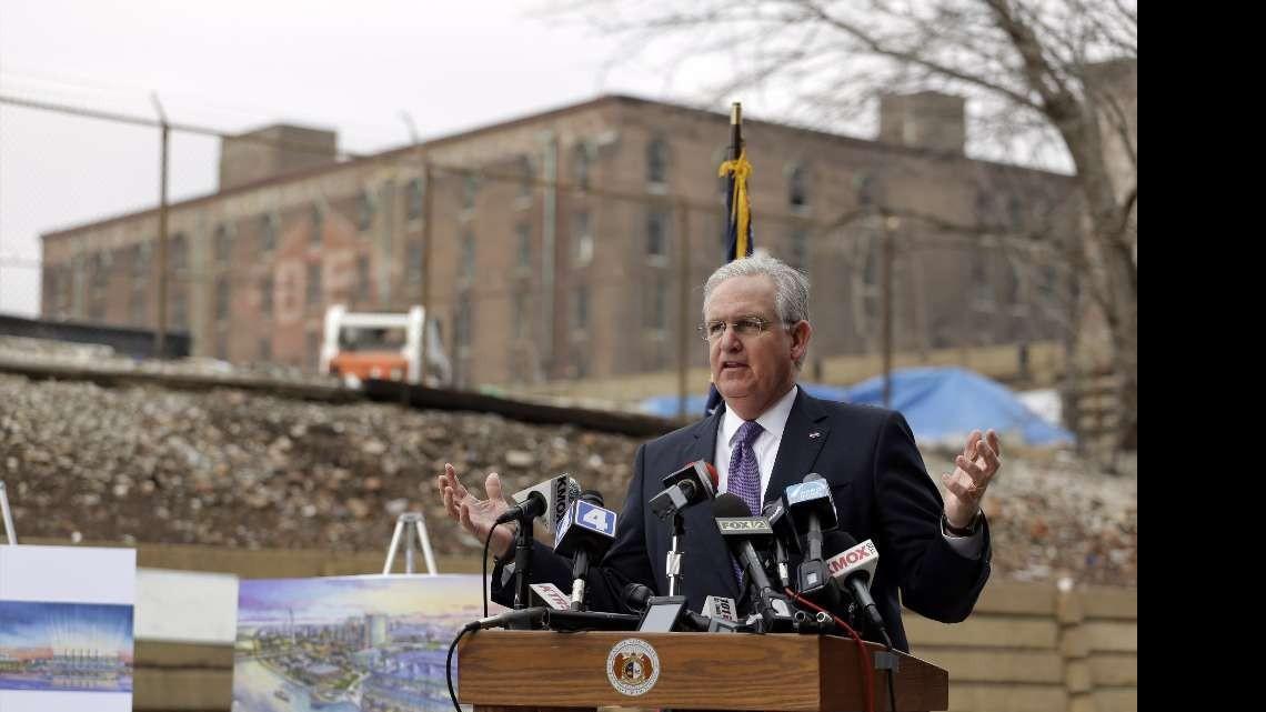 
Missouri Gov. Jay Nixon speaks during a news conference Tuesday, Feb. 10, 2015, on the site of a proposed NFL stadium in a blighted area north of downtown St. Louis. The governor gave an update on the on progress of a proposed 64,000-seat, open-air football stadium that would replace the indoor Edward Jones Dome.
