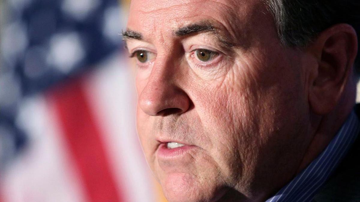 
Republican presidential candidate Mike Huckabee speaks to the media in Little Rock, Ark. (AP Photo/Danny Johnston)
