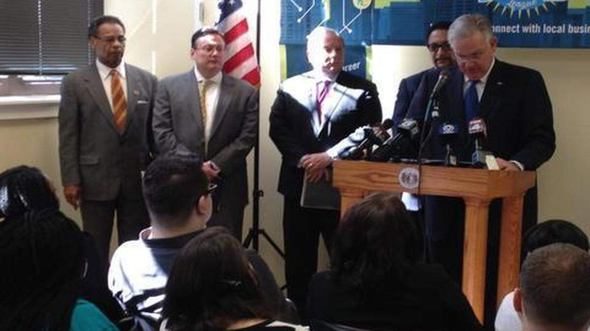 
Rep. Emanuel Cleaver (from left), Jackson County Executive Mike Sanders, Greater Kansas City Chamber of Commerce president Jim Heeter, Clyde McQueen and Gov. Jay Nixon promoted a summer jobs program in Kansas City.
