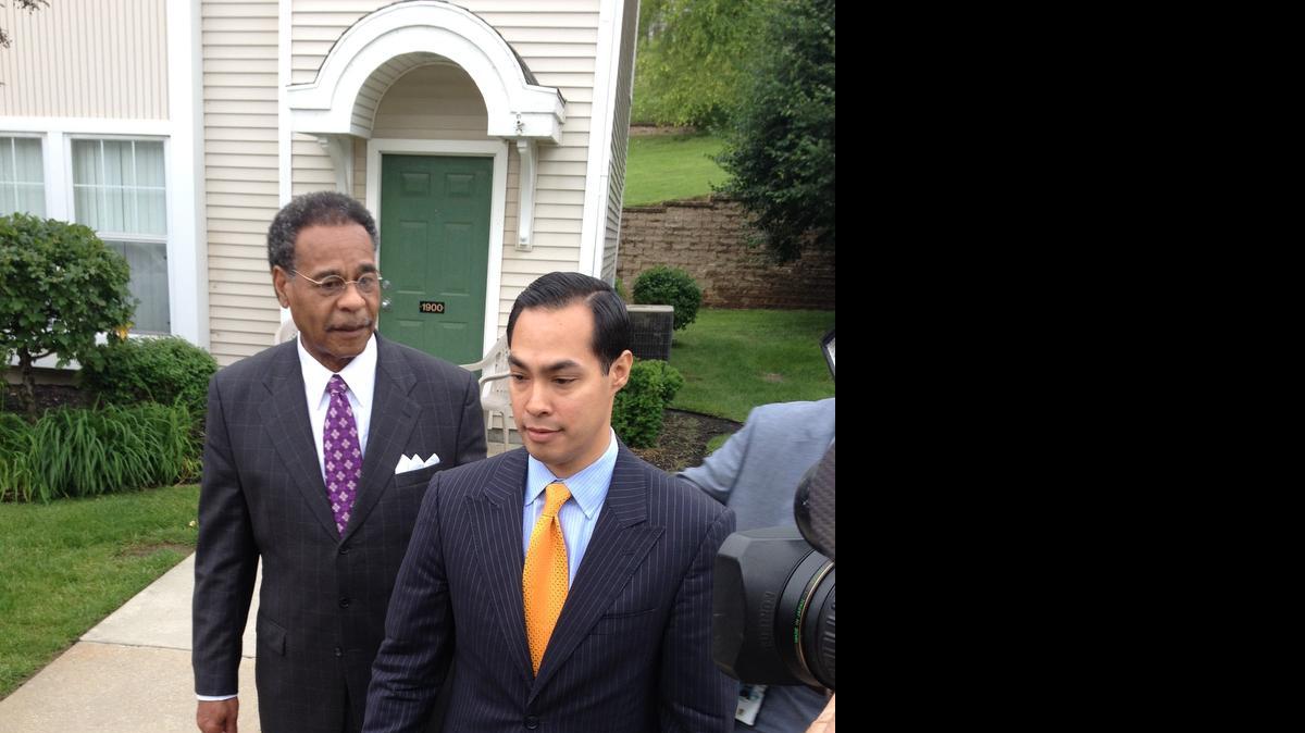 
U.S. Rep. Emanuel Cleaver, left, tours a housing development on Kansas City’s west side Thursday with Housing and Urban Development Secretary Julian Castro. 
