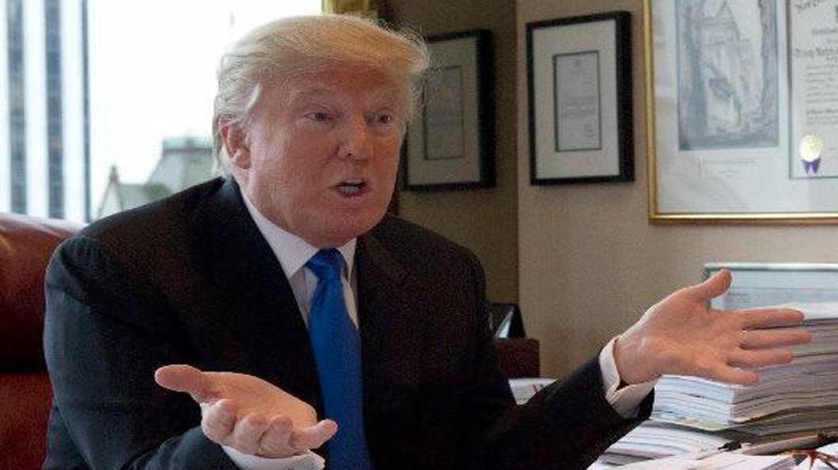 Republican presidential candidate Donald Trump speaks during an interview with The Associated Press in his office at Trump Tower in New York, Tuesday, May 10, 2016. (AP Photo/Mary Altaffer)