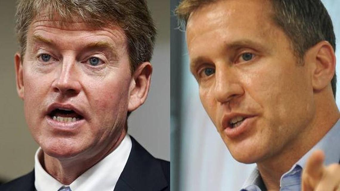 Democrat Chris Koster, left, and Republican Eric Greitens face off this November in the race for Missouri governor.