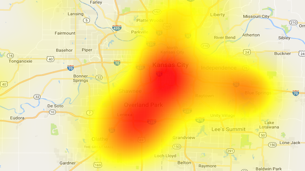 A map showed the extent of the AT&T network outage on Saturday in the Kansas City area.