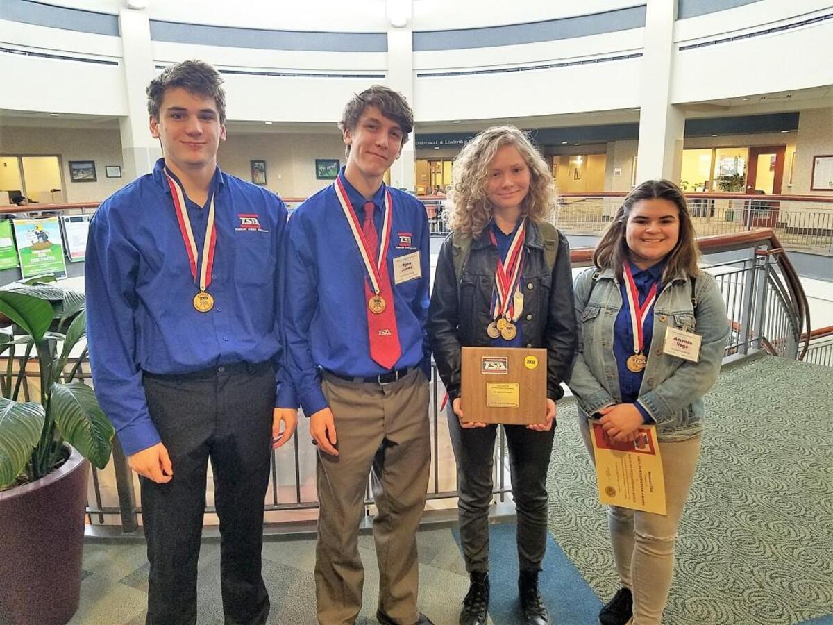 Teammates (from left) Trent Oberlander, Ryan Jones, Bryanna Gordon and Amanda Vega placed first in “on demand video” at the state Technology Student Association competition.
