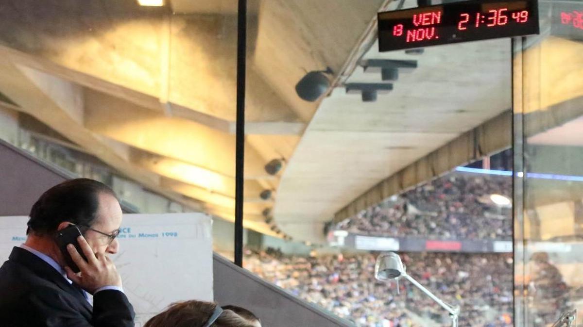 France’s President Francois Hollande, here in the security control room, was among thousands at the Stade de France stadium in Saint Denis, north of Paris, on Friday when a soccer match between France and Germany became a target for terrorist attacks. Overland Park soccer fan James Larson was also at the game.