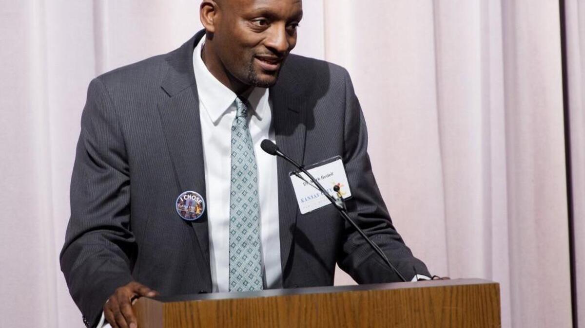 Mark T. Bedell spoke Thursday night as a superintendent finalist for Kansas City Public Schools. About 300 people attended the public forum at Paseo Academy of Fine and Performing Arts.