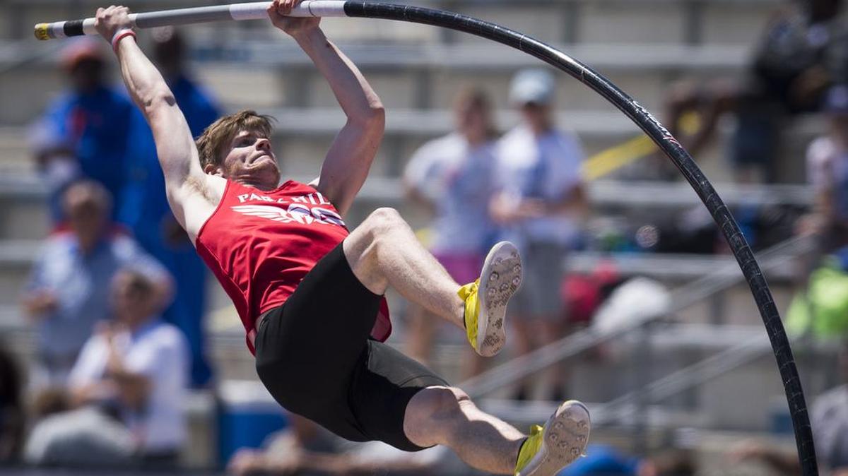 Park Hill High School pole vaulter Chris Nilsen rocked back as he attempted a jump of 18' during the Kansas Relays at Rock Chalk Park on Saturday, April 23, 2016 in Lawrence, Kansas. Nilsen went on to set a Kansas Relay record with a vault of 17' 6.5".