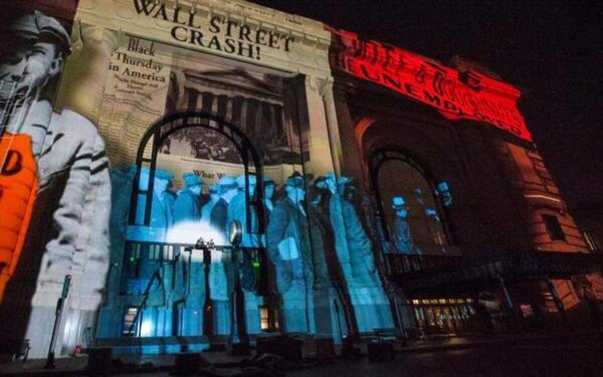 
Union Station rehearsed Friday night’s centennial celebration on Thursday night, projecting images onto its south side. 
