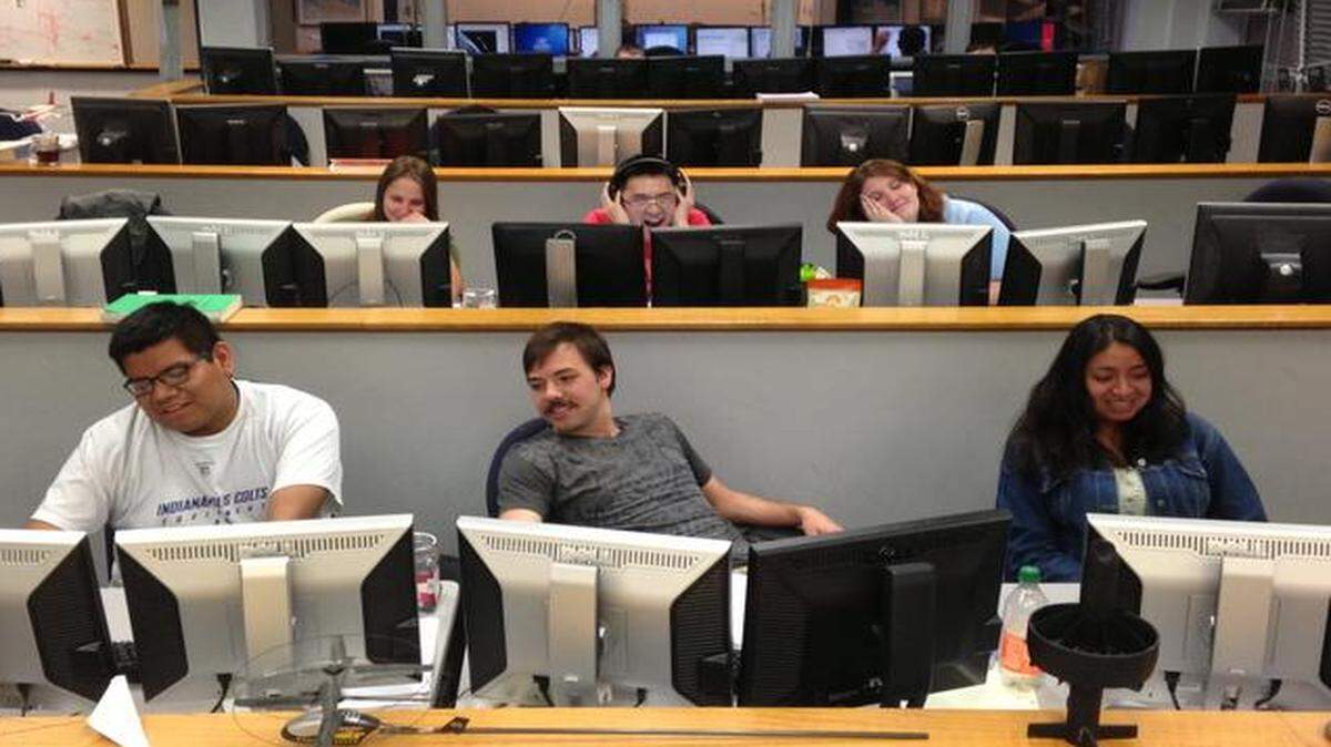 
This University of Kansas undergraduate aircraft design team won first-place honors at the 2014 international competition of the American Institute of Aeronautics and Astronautics. Back row (from left): Emily Thompson, Adrian Lee and Katie Constant; front row: Eleazar Lachino, Brandon Basgall and Alejandra Escalera.
