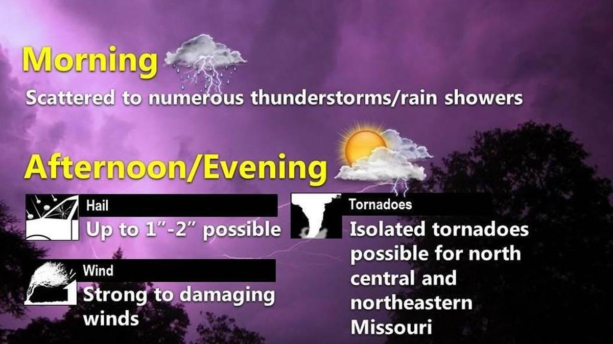 Two rounds of strong to severe storms will likely move through the Kansas City area Wednesday, bringing the risk of 1-to-2-inch-in-diameter hail, damaging winds and heavy rains. Though the threat is low, isolated tornadoes are possible north and east of the Kansas City area.