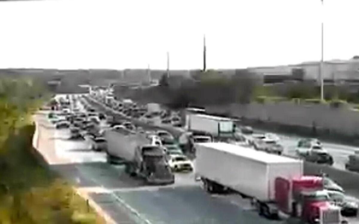 Traffic along southbound Interstate 35 at Johnson Drive in Johnson County was slow moving during Tuesday morning’s rush hour. Several crashes along I-35 slowed rush hour traffic to a crawl.