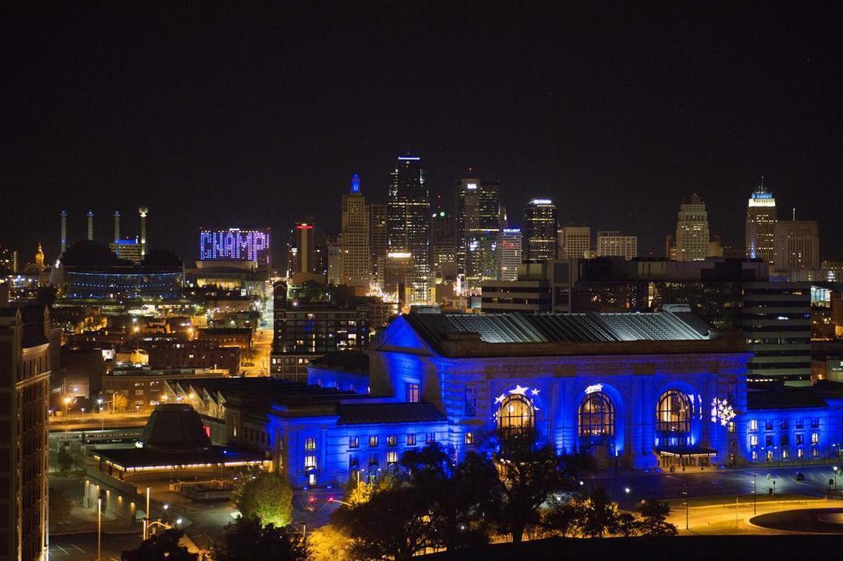 The downtown Kansas City skyline showcased the celebration spirit in blue after the Kansas City Royals beat the New York Mets in game 5 to win the World Series 2015.