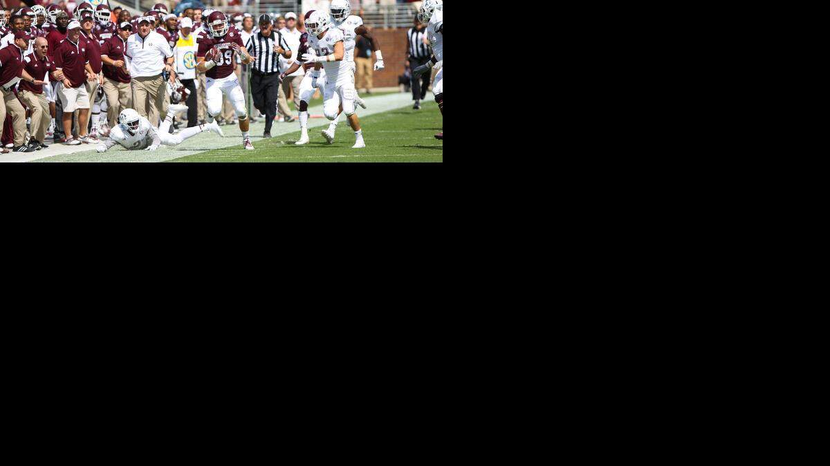 
Mississippi State's Richie Brown (39) returns an interception during the first half of an NCAA college football game Texas A&M on Saturday, Oct. 4, 2014 at Davis Wade Stadium in Starkville, Miss.
