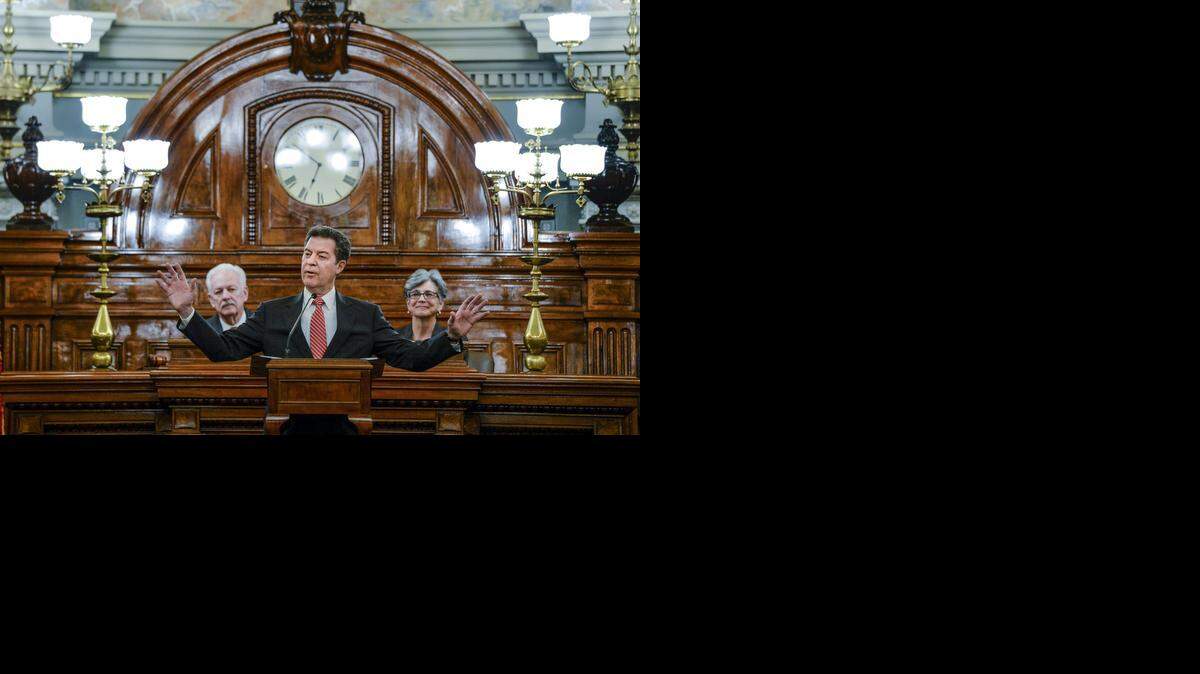 
Kansas Gov. Sam Brownback gestures while delivering the 2015 State of the State address in the Capitol in Topeka on Thursday, Jan. 15.
