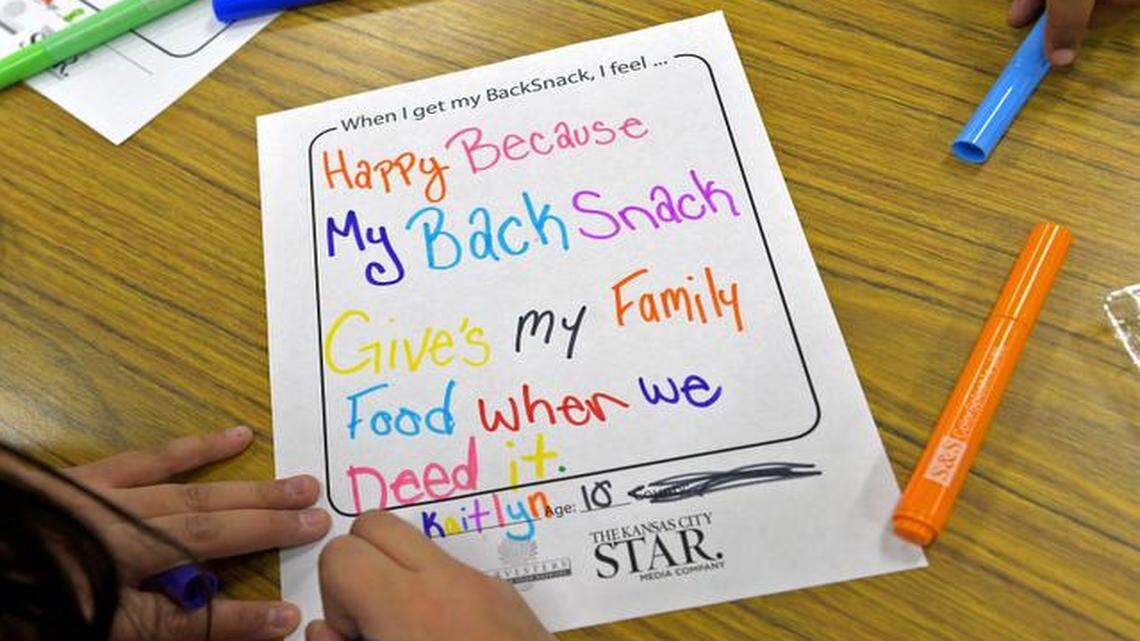 
The Carrollton, Mo., school district is receiving BackSnacks starting Friday. Children in the Center School District made colorful notes and pictures expressing their feelings about the BackSnack packs of food they receive on Fridays to take home for the weekend.
