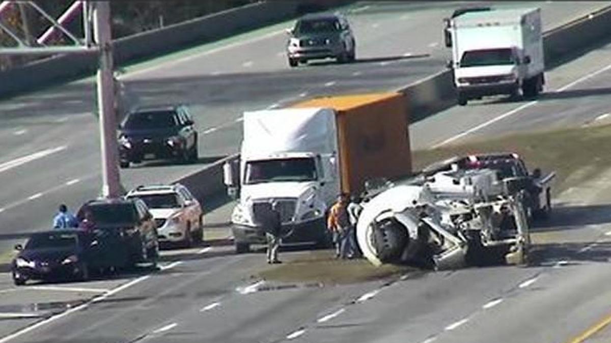 A cement truck overturned late Tuesday morning in the eastbound lanes of Interstate 435 west of Antioch Road. Joshua Martin, 26, of Kansas City, Kan., died in the wreck.