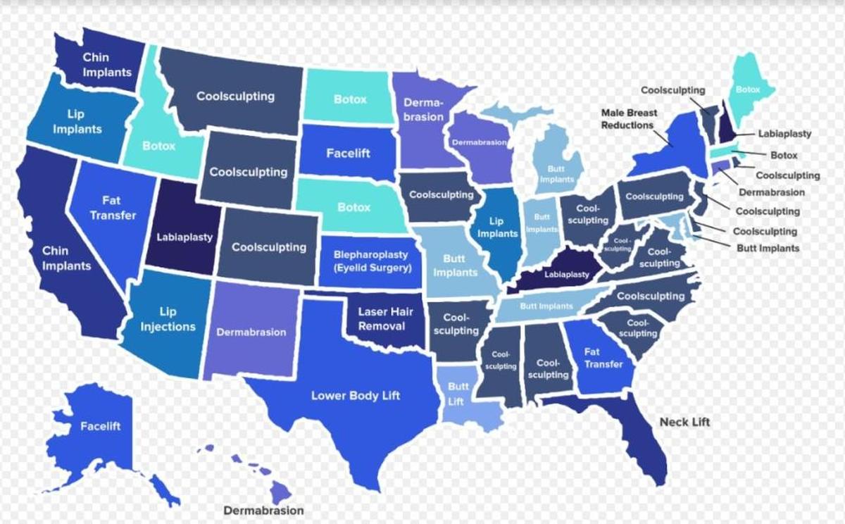 Most often-searched plastic surgery procedure by state.
