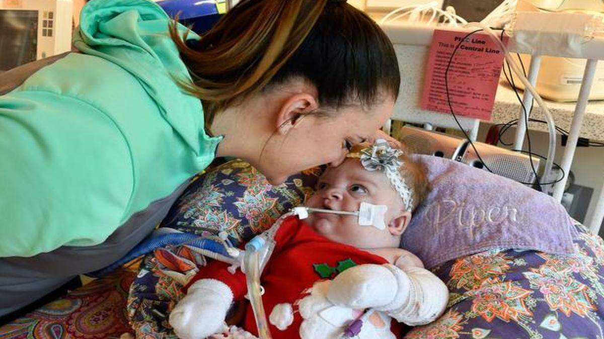 
Piper Grace Jarvis was born with congenital abnormalities and was not expected to survive. Five months on, she is in the neonatal intensive care unit at Children’s Mercy Hospital and is expected to go home in a few weeks. Her mother, Tara Jarvis of Kansas City, North, was with her on Tuesday.
