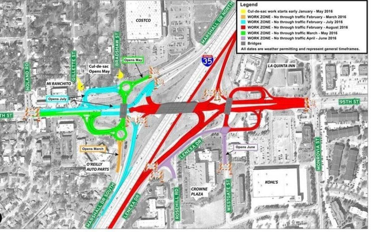 The 95th Street and Interstate 35 interchange will close at 10 p.m. Sunday so it can be replaced with a diverging diamond interchange. It will remain closed through late August. The work is part of the $288 million Johnson County Gateway Phase 2 project.