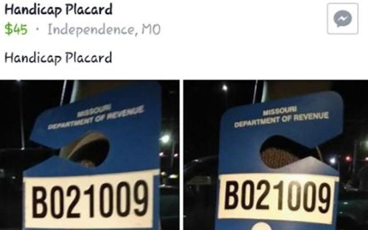 Julia Rotert captured this screenshot of a Facebook post offering to sell a disabled parking placard. The placards can only be legally purchased in Missouri from the Department of Revenue or its contracted license offices.