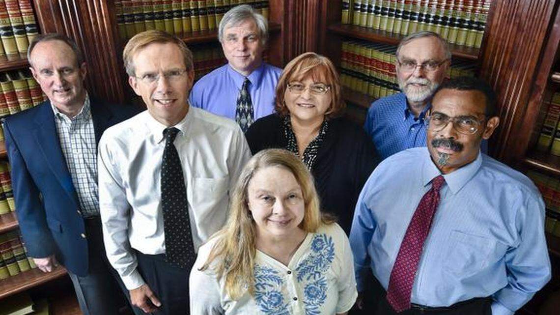 
Legal Aid of Western Missouri is celebrating 50 years of providing free legal assistance to people in need. Its staff includes (rear) Jeff Williams, (middle row, from left) Bill Shull, Gregg Lombardi, Yolanda Hernandez and Michael Duffy, and (front row) Jane Worley and Samuel McHenry.
