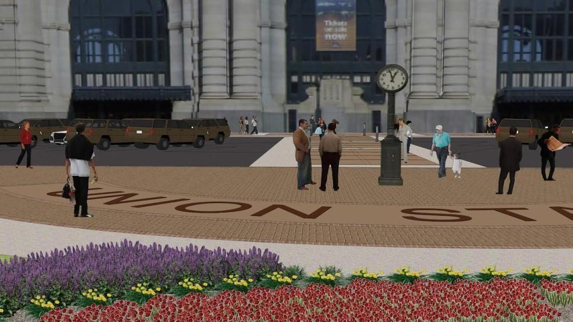 This artist’s rendering shows the restored pedestal clock in a new pedestrian walkway in front of Union Station.