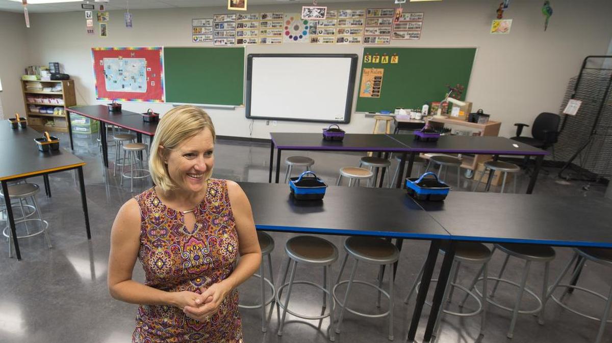 
Lyn Rantz, Tonganoxie schools superintendent, recently showed off the art room in the new Tonganoxie Elementary School. The school, which will open on Aug. 20, will have an enrollment of about 850 in pre-K through fifth grade.
