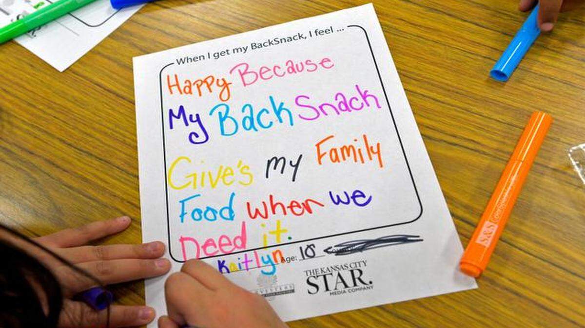 
Children in the Center School District recently made colorful notes and pictures expressing their feelings about the BackSnack packs of food they receive on Fridays to take home for the weekend.
