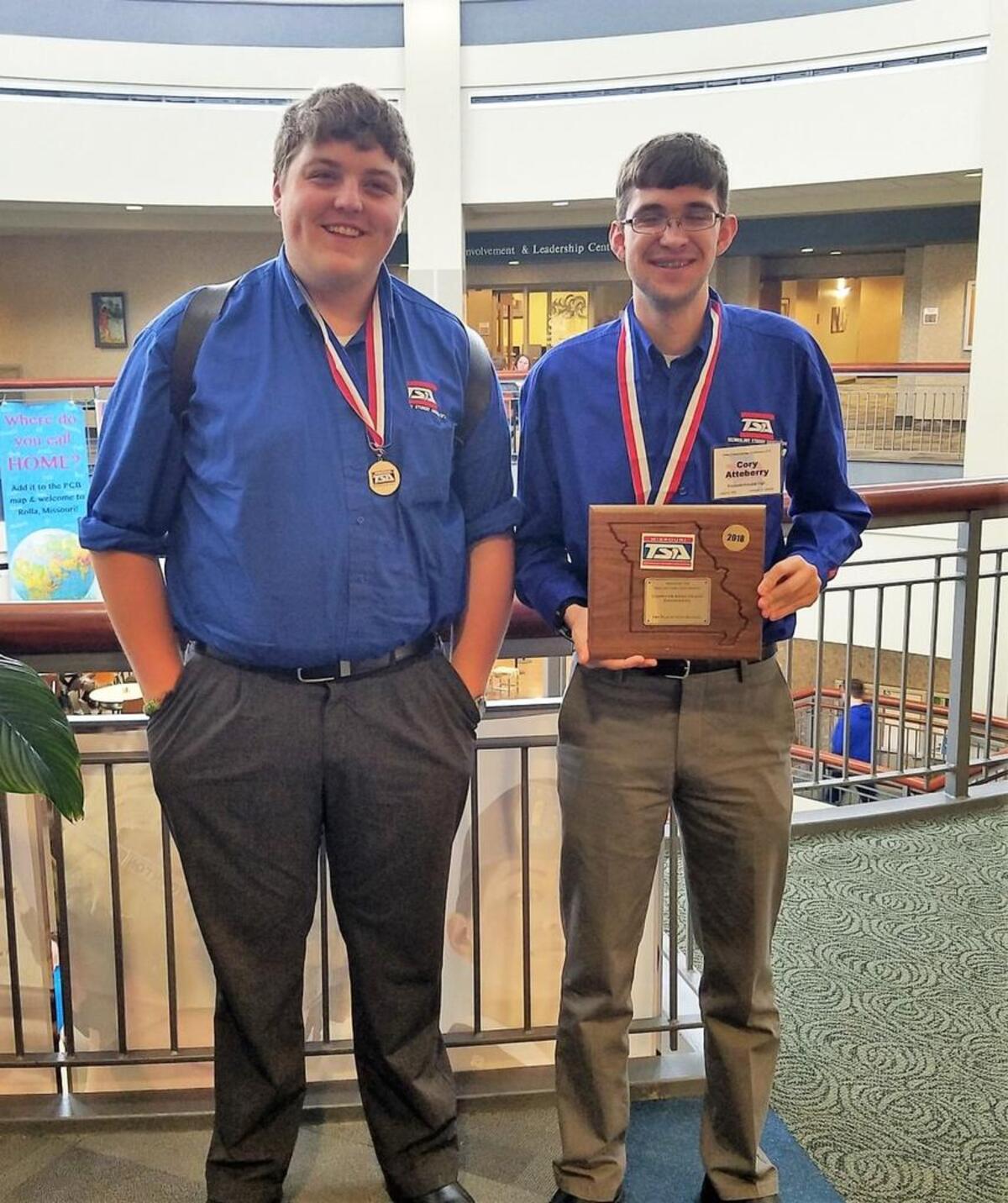 In the category of computer-aided design engineering, Cory Atteberry (right) won first place in Missouri, and Zach Kerfoot (left) placed second.