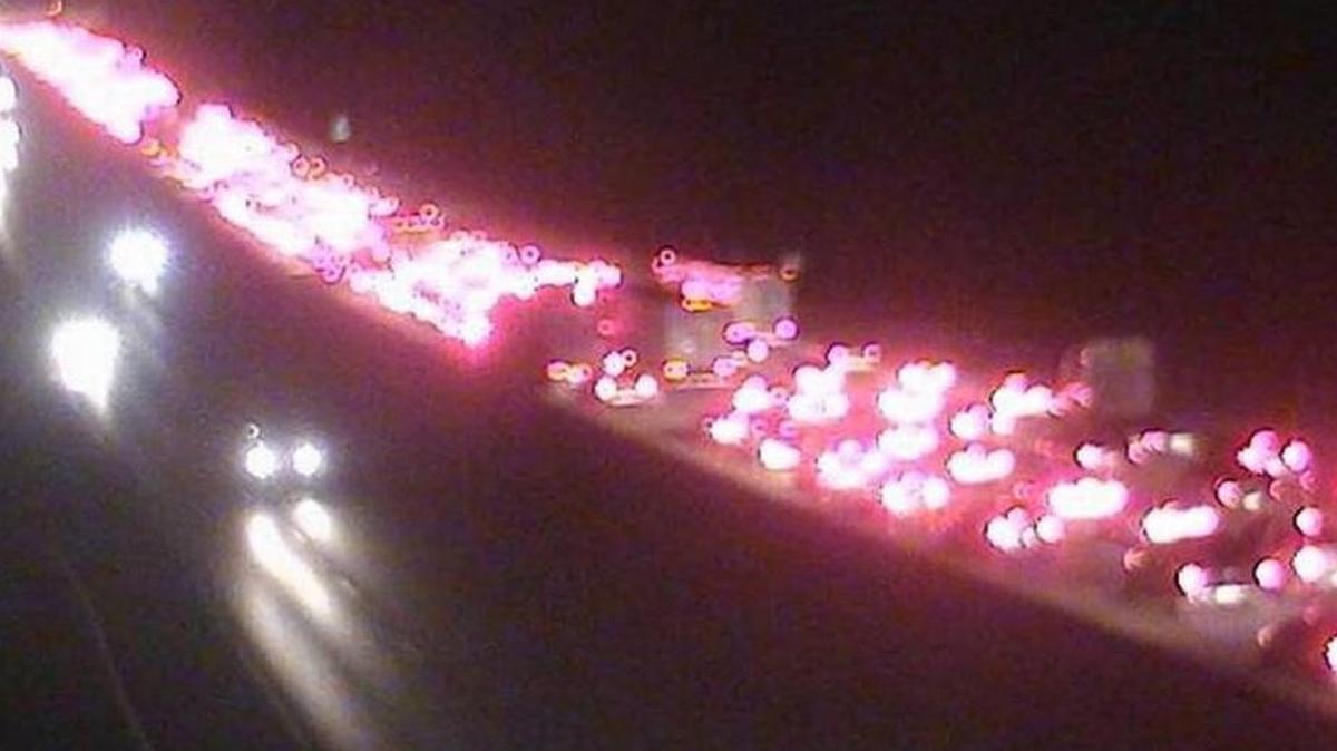 Traffic was backed up after Kansas City police closed multiple lanes of eastbound Interstate 435 after 8 p.m. Saturday to investigate a crash. Police said a vehicle struck and killed a pedestrian on the interstate.