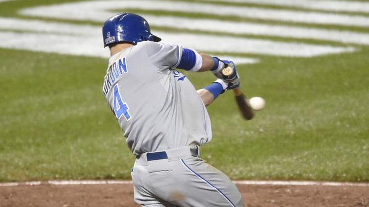 
Kansas City Royals Alex Gordon hits a solo home run in the 10 inning of the game against the Baltimore Orioles at Friday's ALCS playoff baseball game on October 10, 2014 at Camden Yards in Baltimore, Md.
