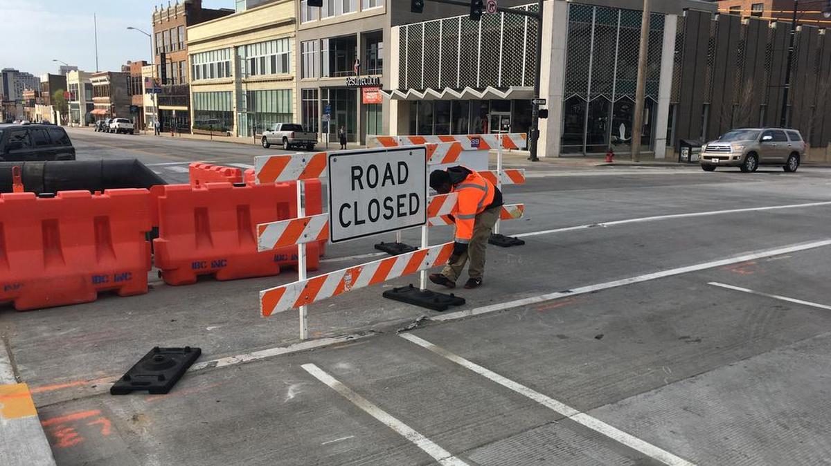Brill Newsome closed off Grand Boulevard at Truman Road in preparation for Thursday’s NCAA Tournament games. Roads around the Sprint Center will also be closed Saturday.