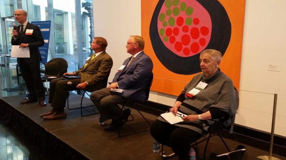 Patrick Phillips, far left, spent the better part of Thursday discussing some of the opportunities facing middle-tiered cities such as Kansas City. He was joined, from left, by David Brain, founder and CEO of Brown Cow Capital, Jim Thomas, founder and managing partner of Cityscape Residential, and Dana Crawford, founder and CEO of Urban Neighborhoods.