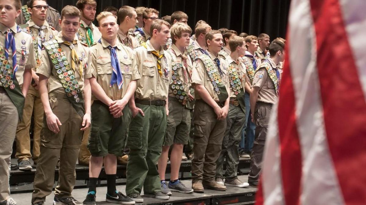 Nearly 300 Eagle Scouts from the Heart of America Council of the Boy Scouts of America, gathered Sunday, February 21, 2016 at the Music Hall in Kansas City to be honored. The scouts lined up for a group photo before the ceremony.