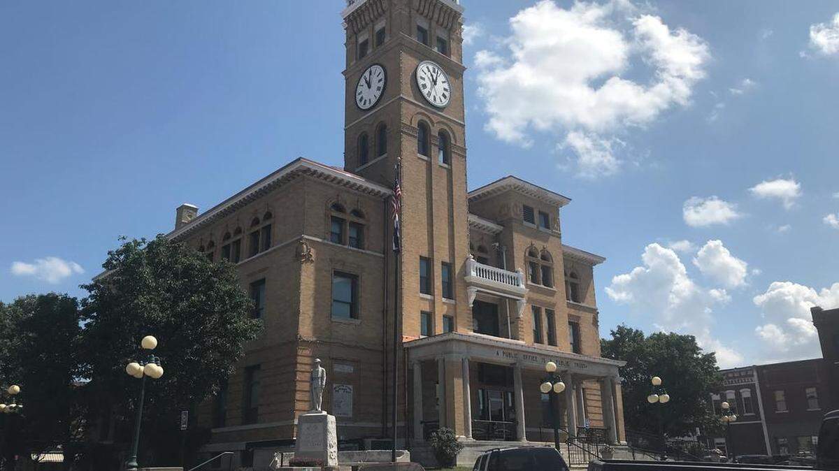 The Cass County Courthouse anchors the historic Harrisonville Square.