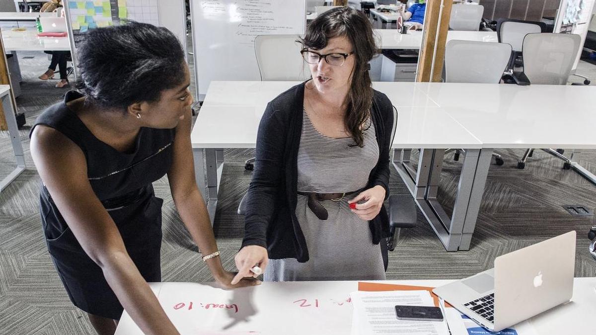 
Kirsten Brown (left) and Katie Laird recently worked on a Lean Lab education project at the Sprint Accelerator lab space in Kansas City.
