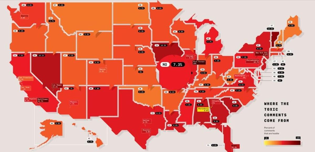 A “troll map” created by Wired and Disqus shows the percentage of online comments from each state that are considered toxic.