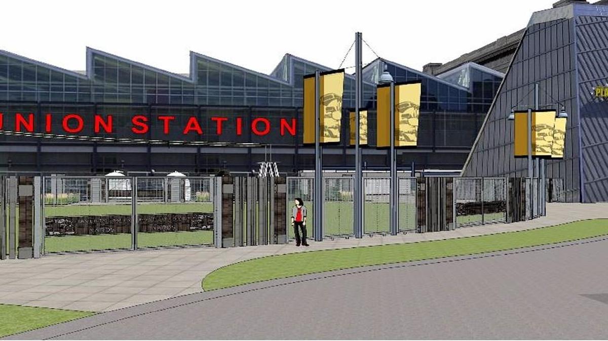 An artist’s rendering show the Haverty Family Yards festival space outside Science City at Union Station.