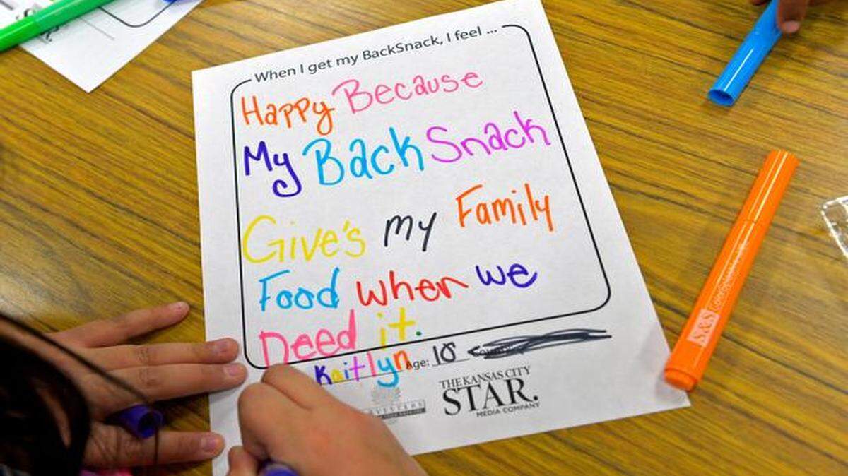 
Children in the Center School District recently made colorful notes and pictures expressing their feelings about the BackSnack packs of food they receive on Fridays to take home for the weekend.
