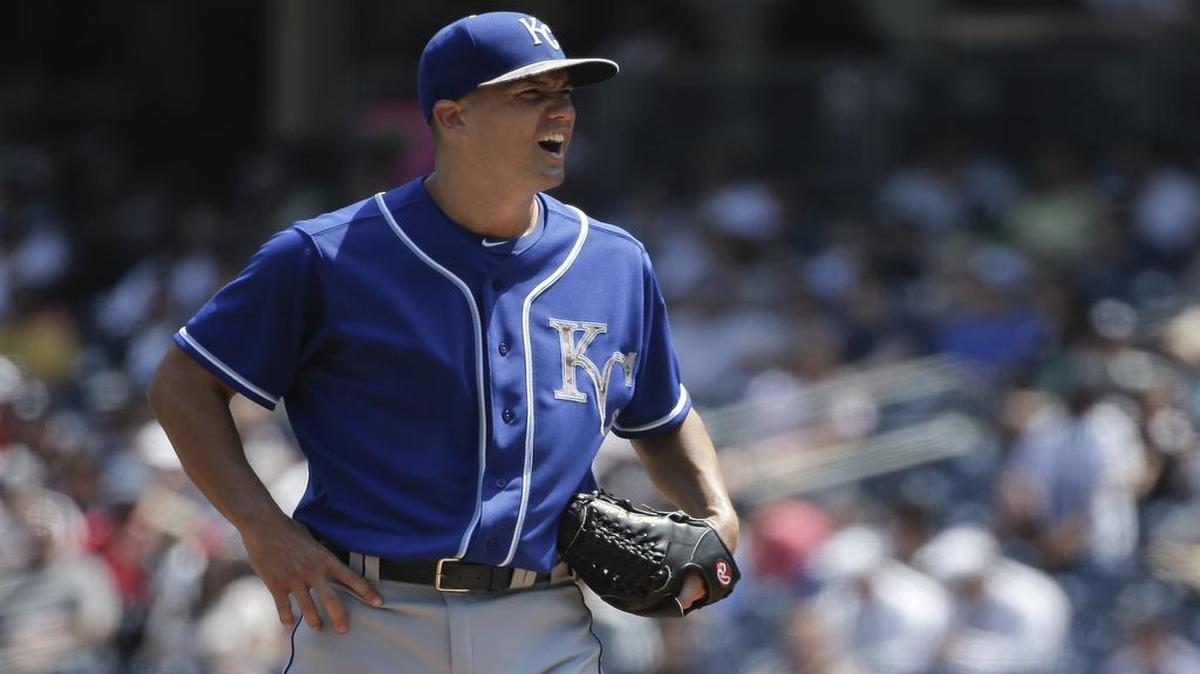 
Kansas City Royals pitcher Jeremy Guthrie (11) reacts after giving up a three-run home run to New York Yankees' Brett Gardner during the first inning of a baseball game, Monday, May 25, 2015, in New York. 
