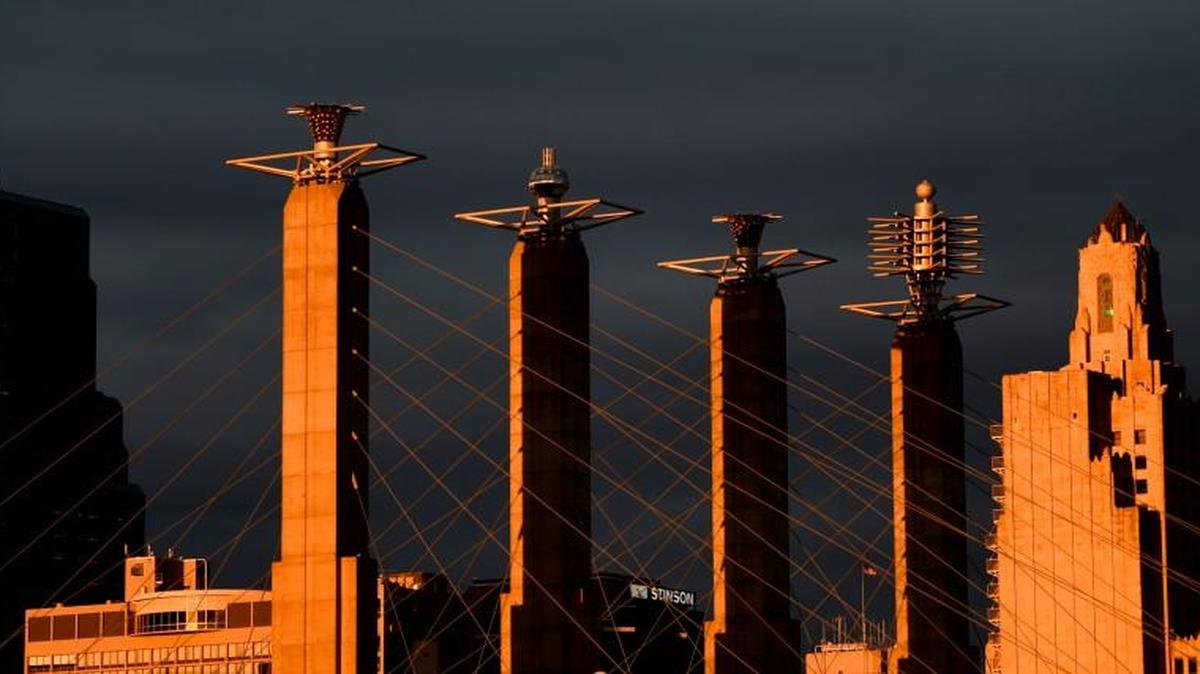 The easternmost Sky Station sculpture (far right) on Bartle Hall was struck by lightning and damaged, Kansas City officials said Thursday. The city is planning to repair the sculpture, employing a helicopter to remove it from the roof.