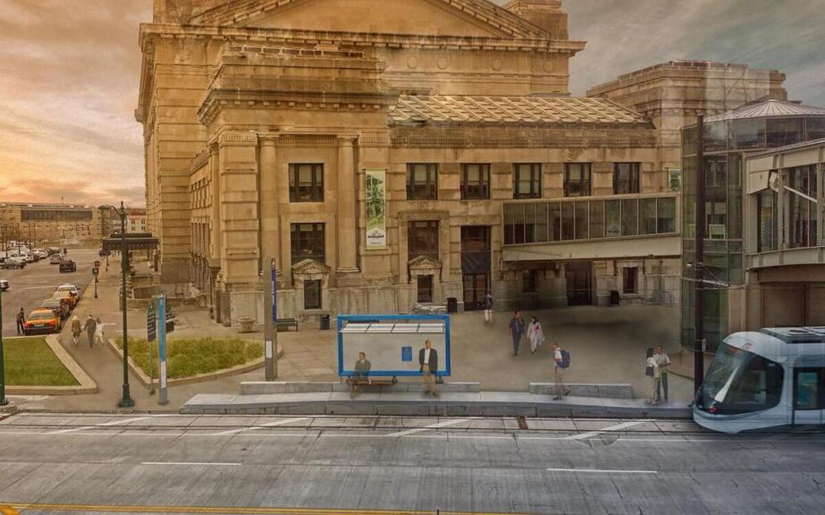 This rendering shows the view looking west across Main Street toward the Union Station streetcar stop and the re-envisioned East Public Transit Plaza.