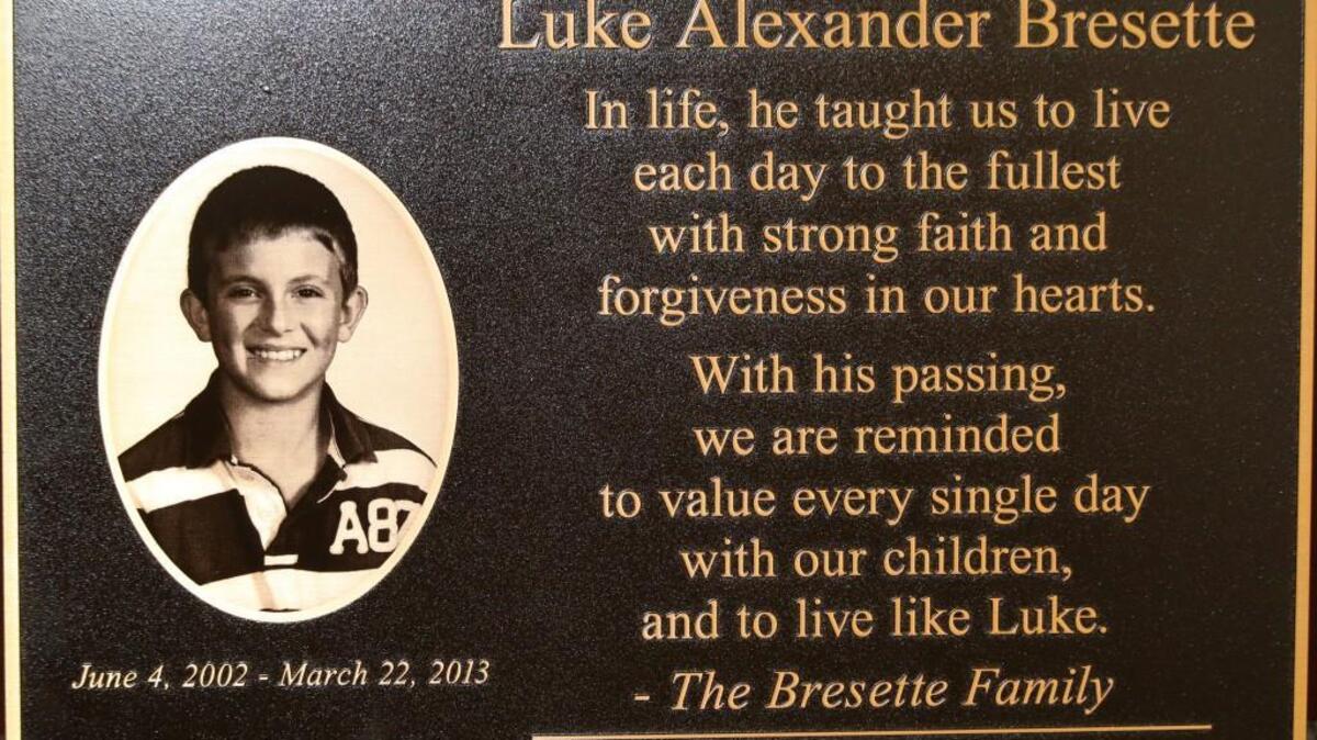 A plaque honoring Overland Park boy Luke Bresette was unveiled last week at the Birmingham airport where he died in a 2013 accident involving a falling display sign. Bresette’s family wrote the inscription on the plaque.